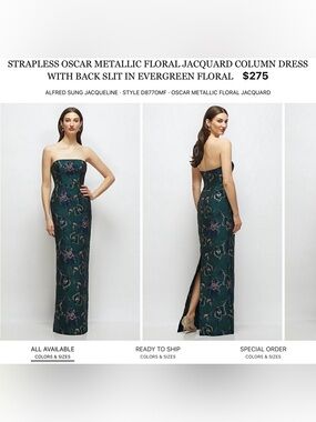 ALFRED SUNG Evergreen Metallic Floral Strapless Backless Column Gown